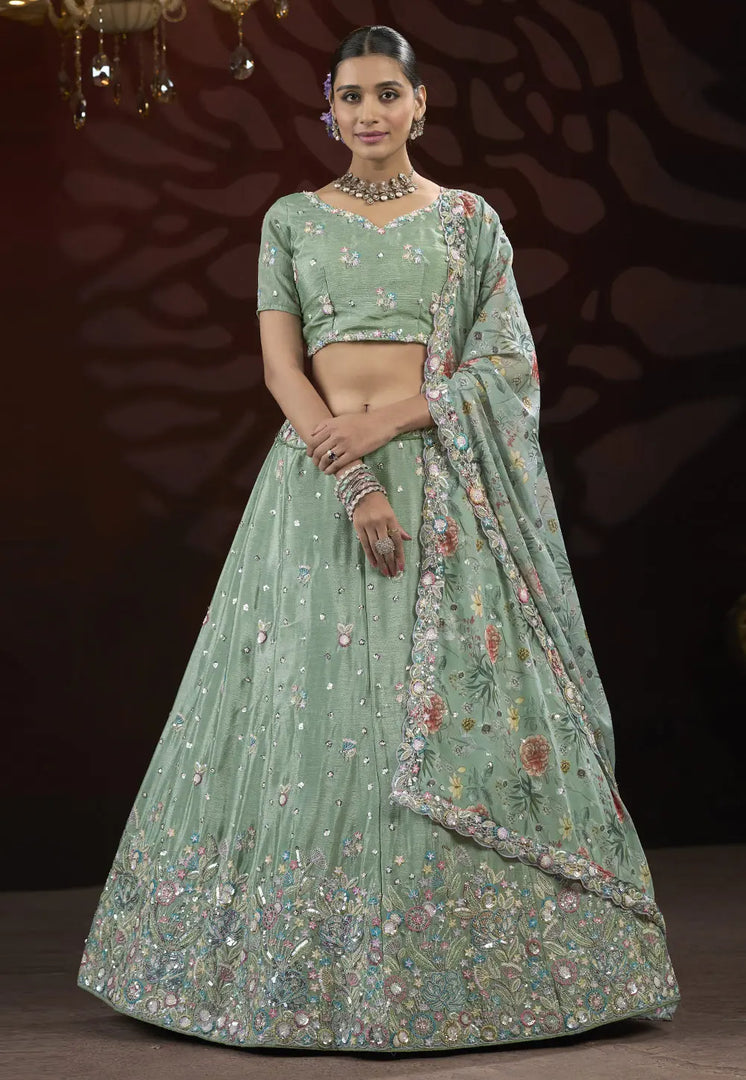 Sea Green Net A Line Lehenga Choli