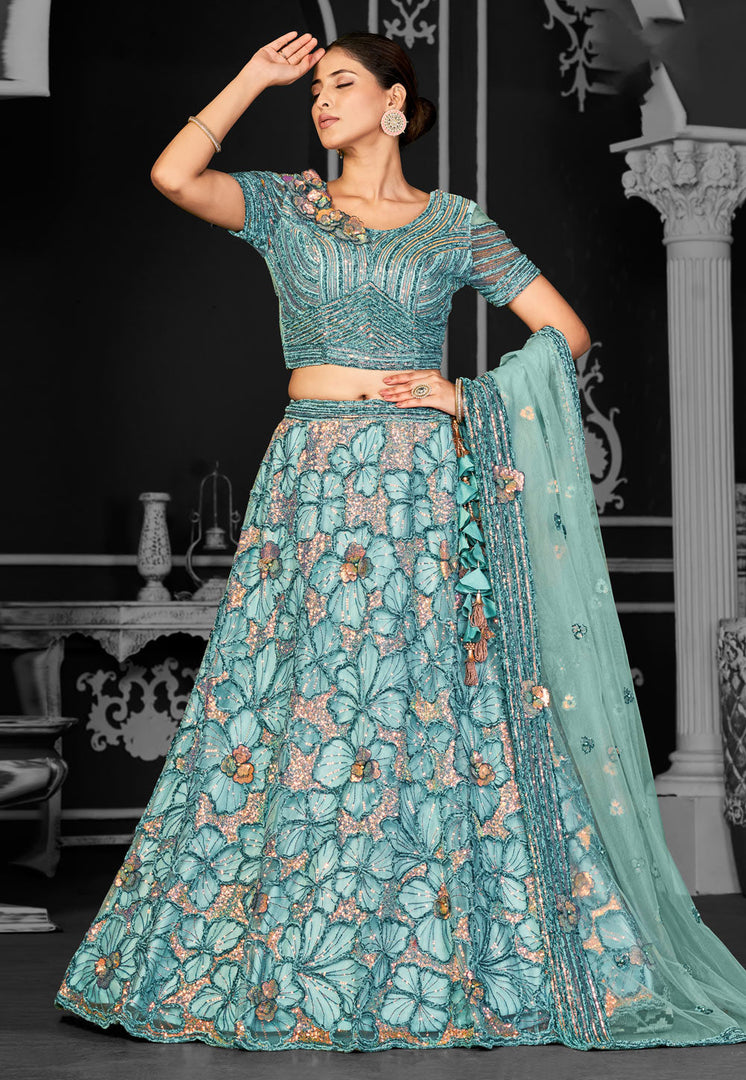 Sea Green Net A Line Lehenga Choli