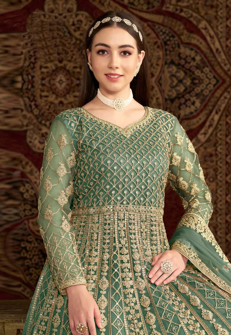 Sea Green Net Embroidered Anarkali Suit