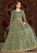 Load image into Gallery viewer, Sea Green Net Embroidered Anarkali Suit
