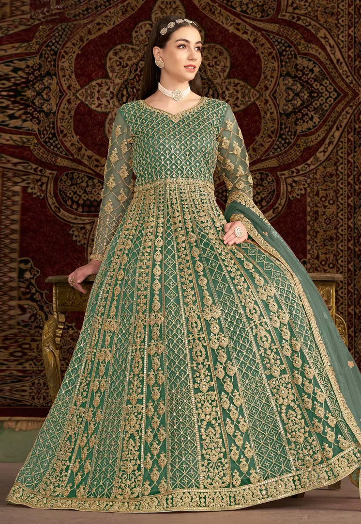 Sea Green Net Embroidered Anarkali Suit