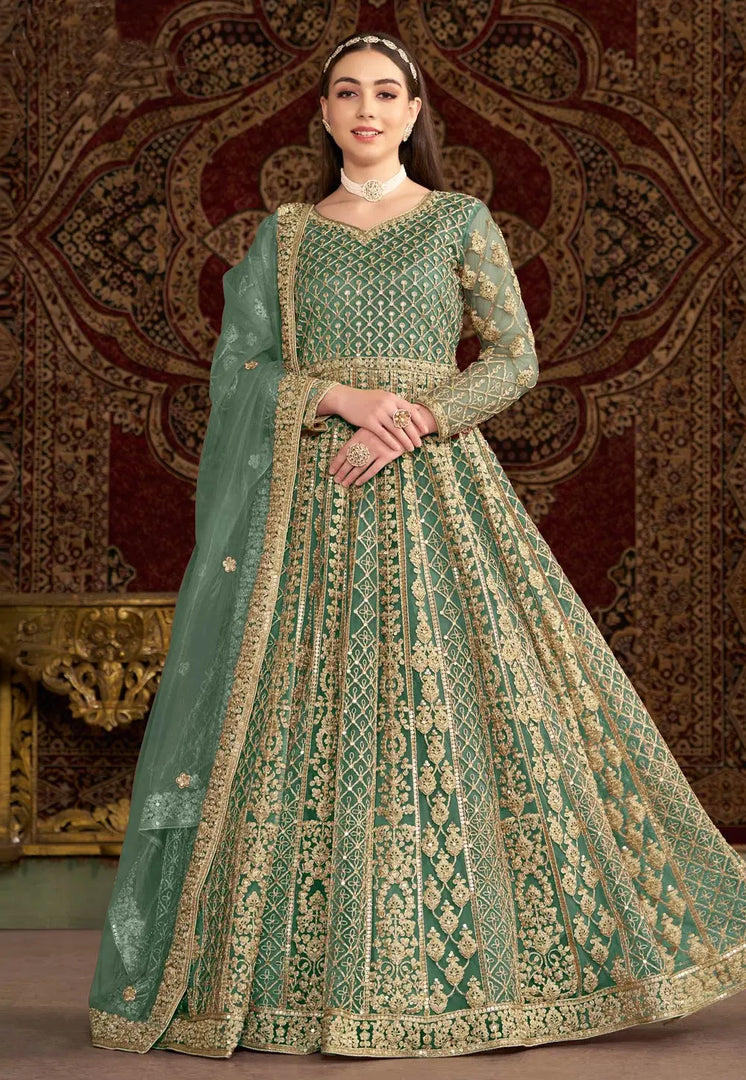 Sea Green Net Embroidered Anarkali Suit