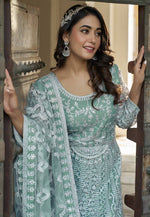 Load image into Gallery viewer, Sea Green Net Embroidered Anarkali Suit
