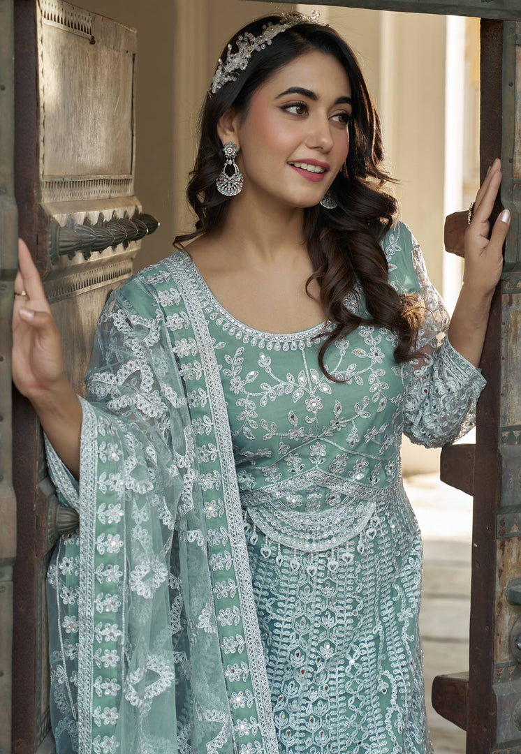 Sea Green Net Embroidered Anarkali Suit