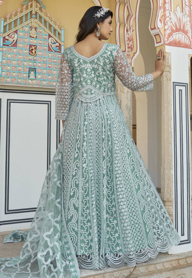Sea Green Net Embroidered Anarkali Suit