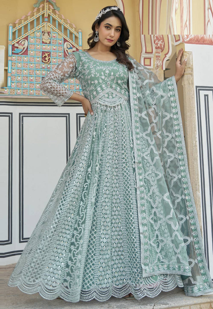 Sea Green Net Embroidered Anarkali Suit