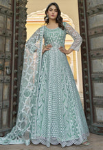 Load image into Gallery viewer, Sea Green Net Embroidered Anarkali Suit

