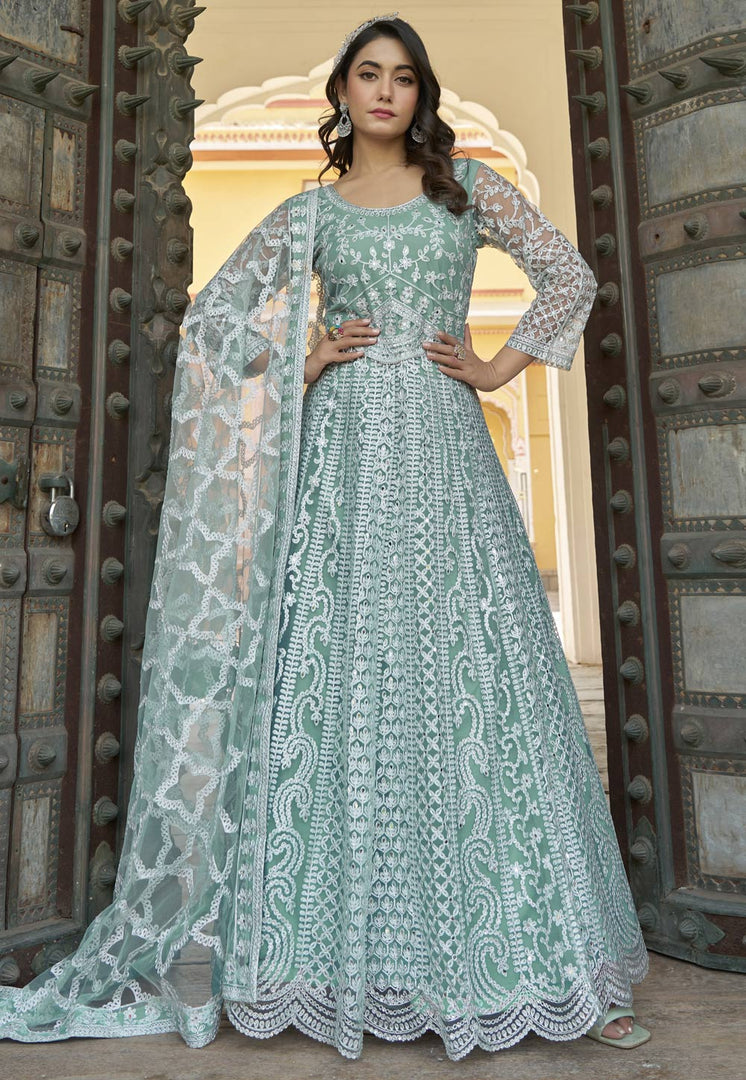 Sea Green Net Embroidered Anarkali Suit