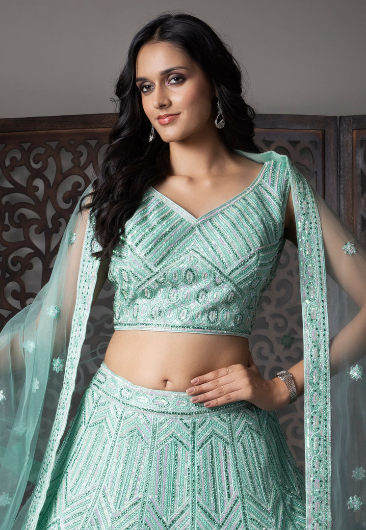 Sea Green Net Readymade Lehenga Choli