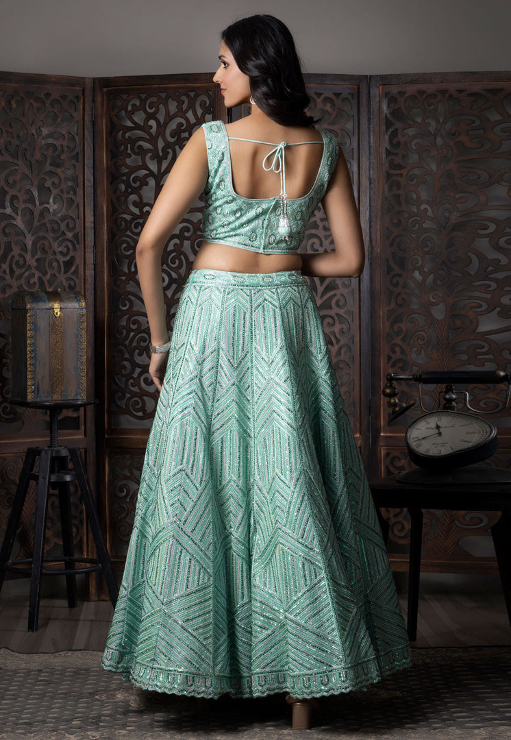 Sea Green Net Readymade Lehenga Choli