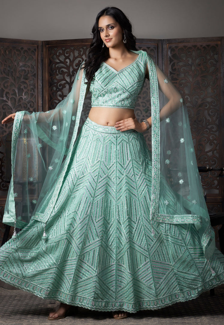 Sea Green Net Readymade Lehenga Choli