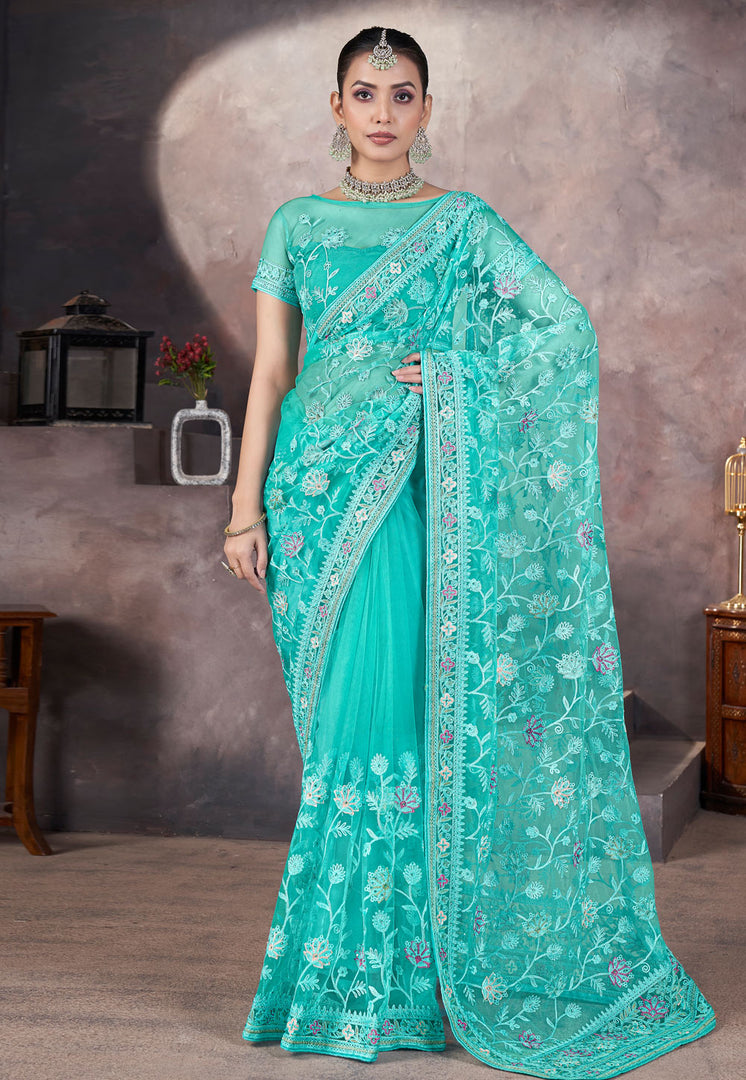 Sea Green Net Saree With Blouse