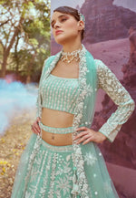 Load image into Gallery viewer, Sea Green Organza Circular Lehenga Choli
