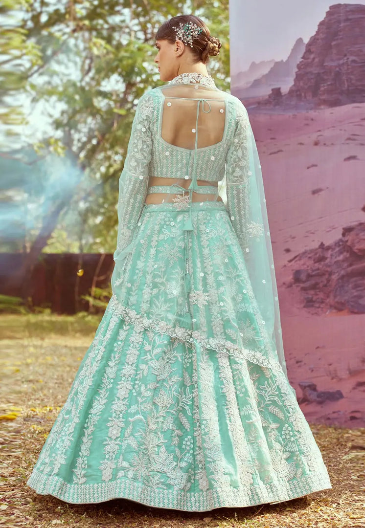 Sea Green Organza Circular Lehenga Choli