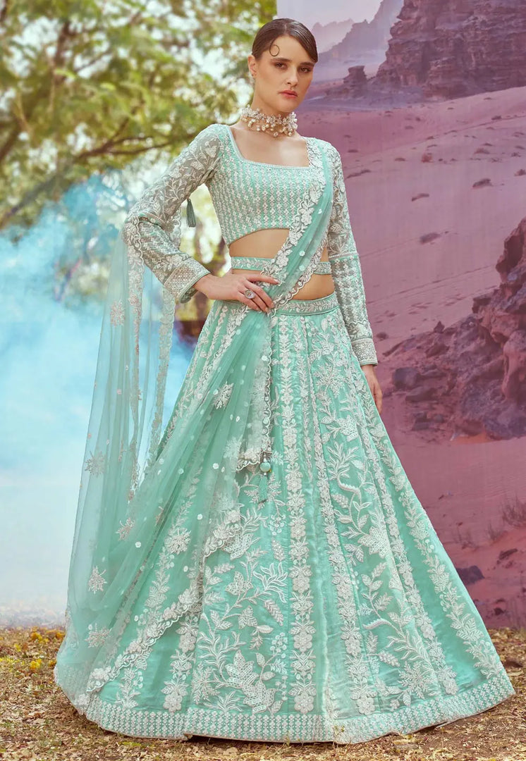 Sea Green Organza Circular Lehenga Choli