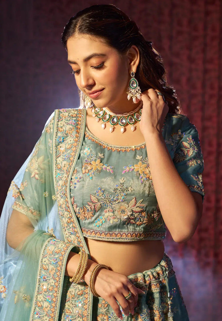 Sea Green Organza Lehenga Choli