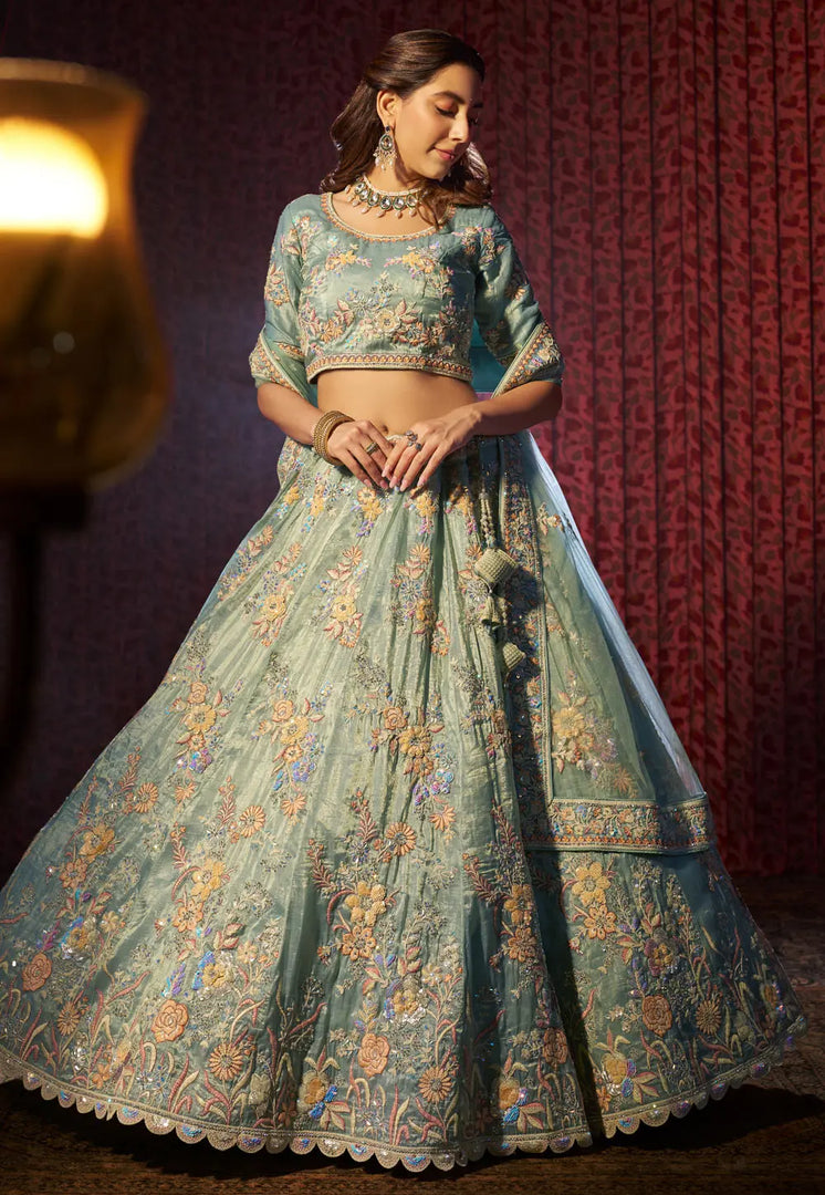 Sea Green Organza Lehenga Choli