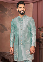 Load image into Gallery viewer, Sea Green Satin Jacket Style Sherwani
