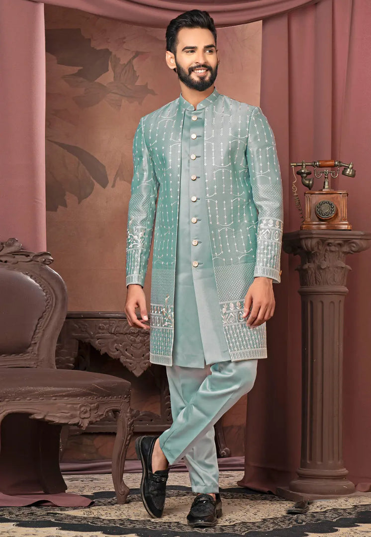Sea Green Satin Jacket Style Sherwani