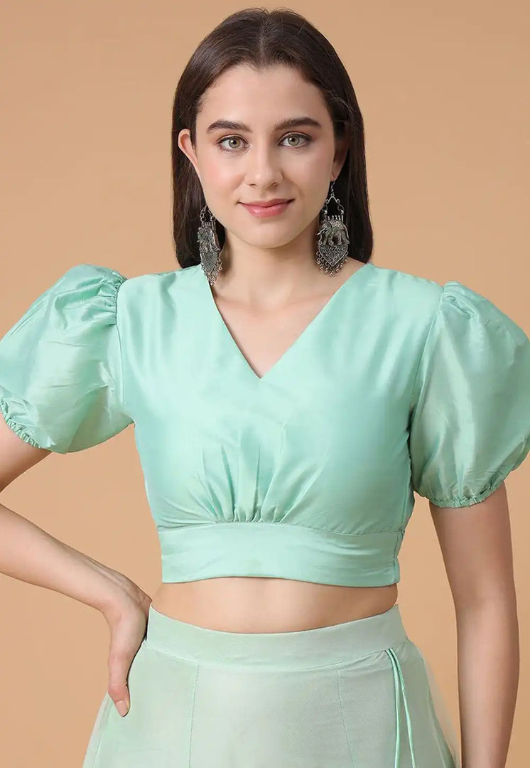 Sea Green Satin Silk Readymade Blouse