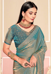 Sea Green Satin Silk Saree With Blouse