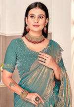 Load image into Gallery viewer, Sea Green Satin Silk Saree With Blouse
