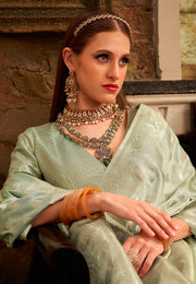 Sea Green Satin Silk Saree With Blouse