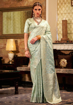 Load image into Gallery viewer, Sea Green Satin Silk Saree With Blouse
