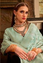 Load image into Gallery viewer, Sea Green Satin Silk Saree With Blouse
