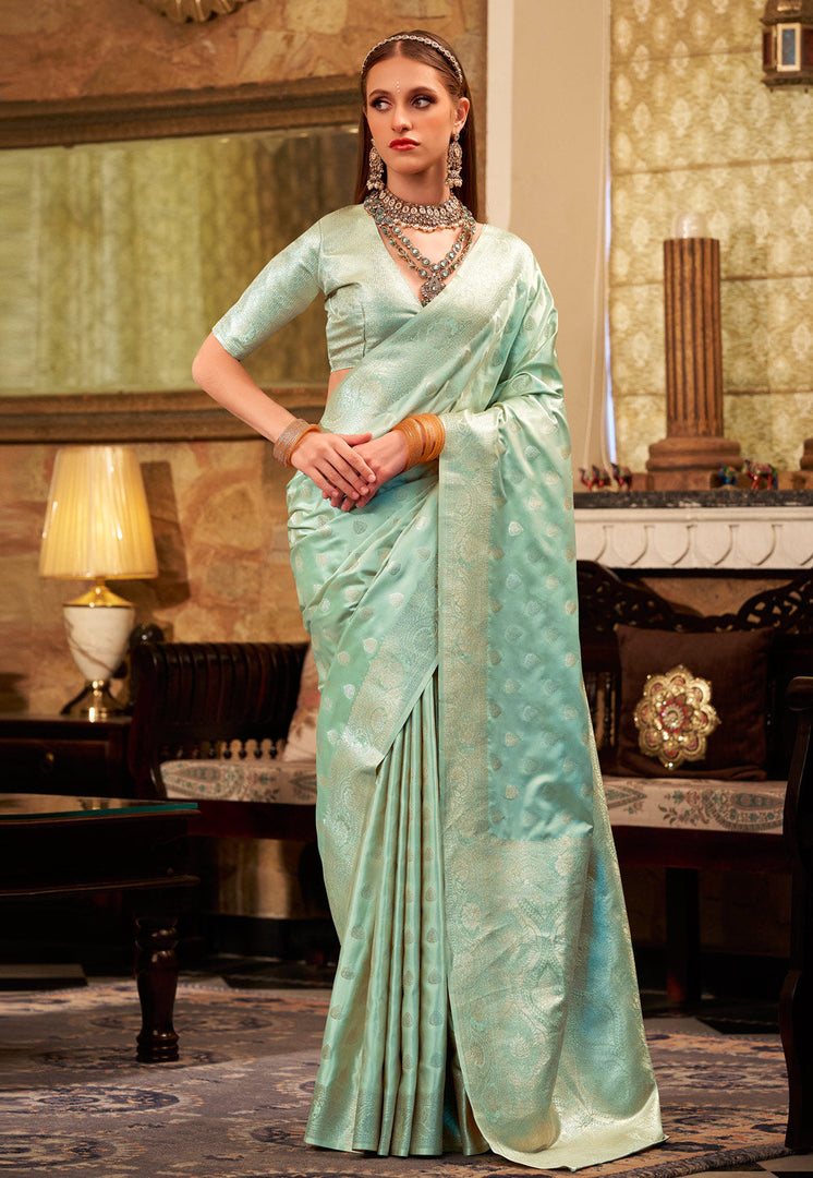 Sea Green Satin Silk Saree With Blouse