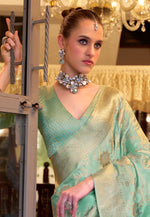 Load image into Gallery viewer, Sea Green Satin Silk Saree With Blouse
