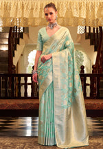 Load image into Gallery viewer, Sea Green Satin Silk Saree With Blouse
