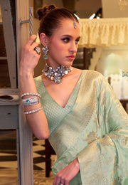 Sea Green Satin Silk Saree With Blouse