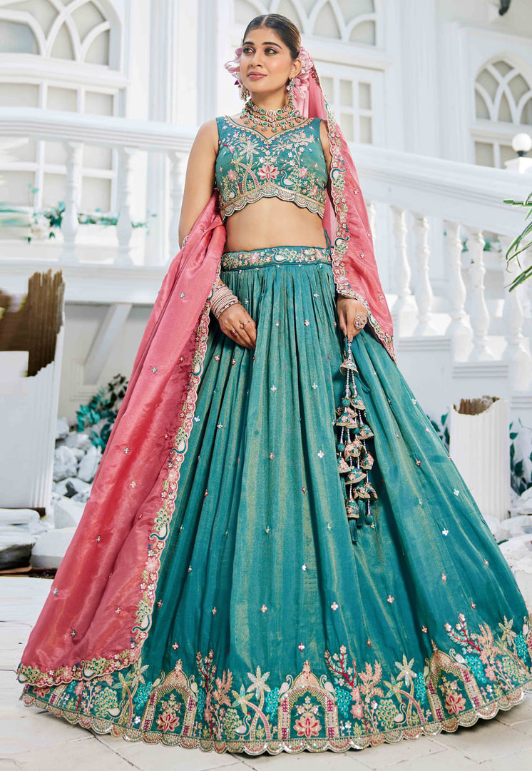 Sea Green Satin Wedding Lehenga Choli