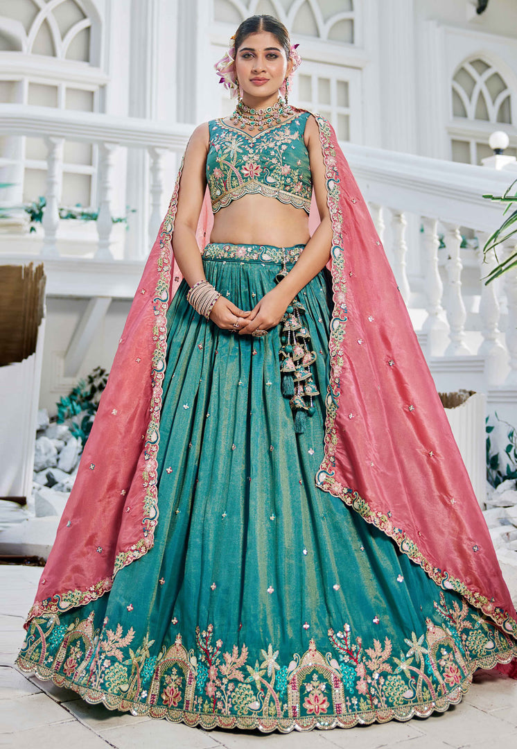 Sea Green Satin Wedding Lehenga Choli