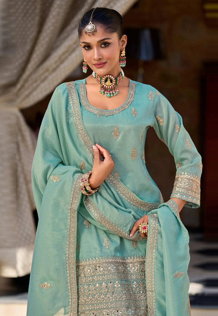 Sea Green Shimmer Readymade Palazzo Suit