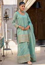Load image into Gallery viewer, Sea Green Shimmer Readymade Palazzo Suit
