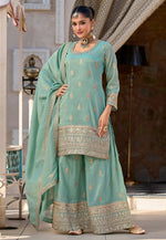 Load image into Gallery viewer, Sea Green Shimmer Readymade Palazzo Suit
