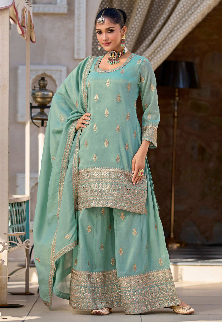 Sea Green Shimmer Readymade Palazzo Suit