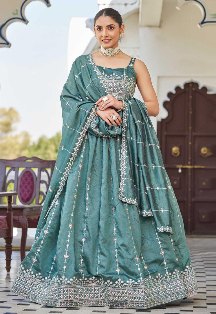 Sea Green Silk Circular Lehenga Choli