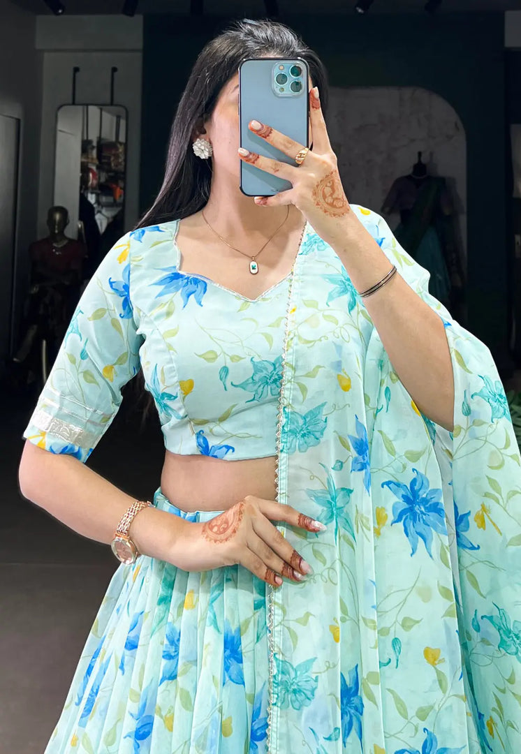Sea Green Silk Floral Lehenga choli
