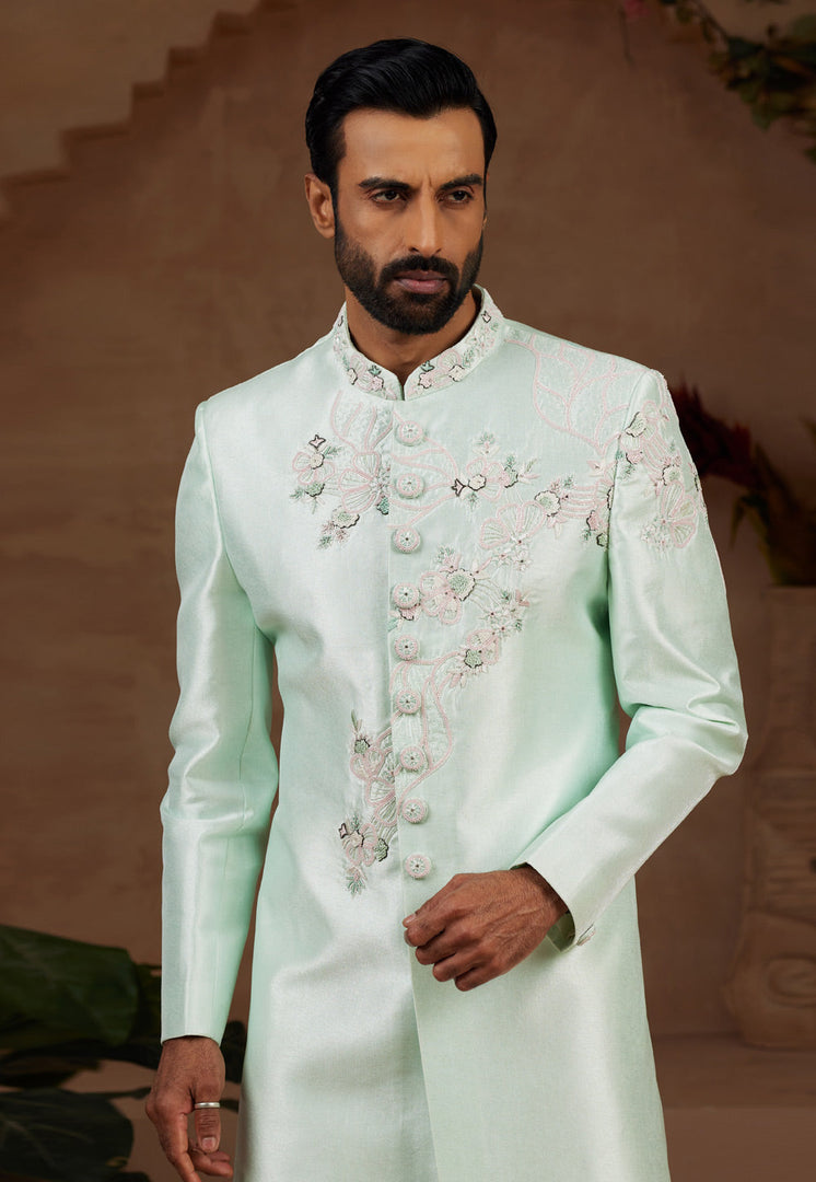 Sea Green Silk Indo Western Sherwani