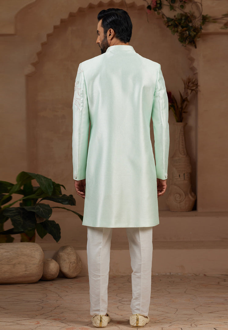 Sea Green Silk Indo Western Sherwani