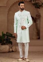 Load image into Gallery viewer, Sea Green Silk Indo Western Sherwani
