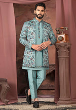Load image into Gallery viewer, Sea Green Silk Indo Western Suit
