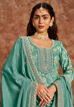 Load image into Gallery viewer, Sea Green Silk Jacquard Pant Style Suit
