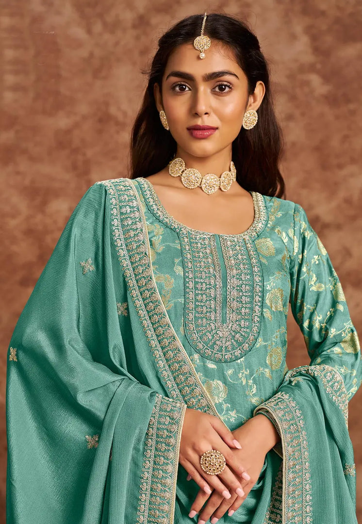Sea Green Silk Jacquard Pant Style Suit