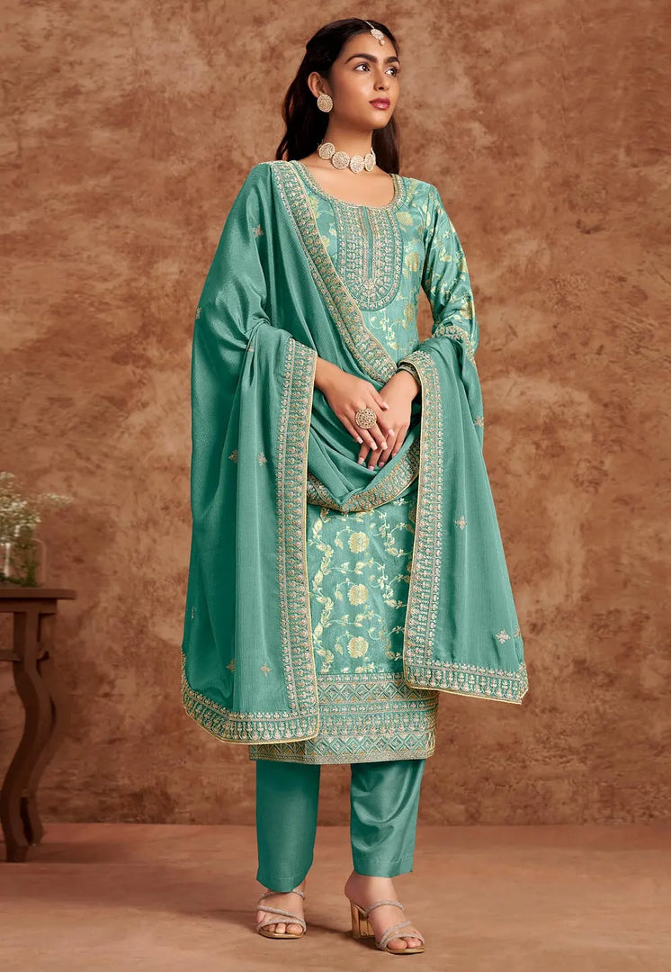 Sea Green Silk Jacquard Pant Style Suit