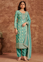 Load image into Gallery viewer, Sea Green Silk Jacquard Pant Style Suit
