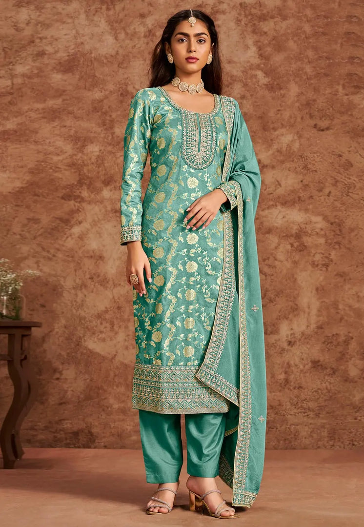 Sea Green Silk Jacquard Pant Style Suit